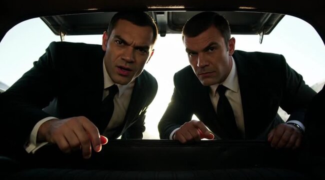 Two men in suits looking into a car trunk with puzzled expressions  