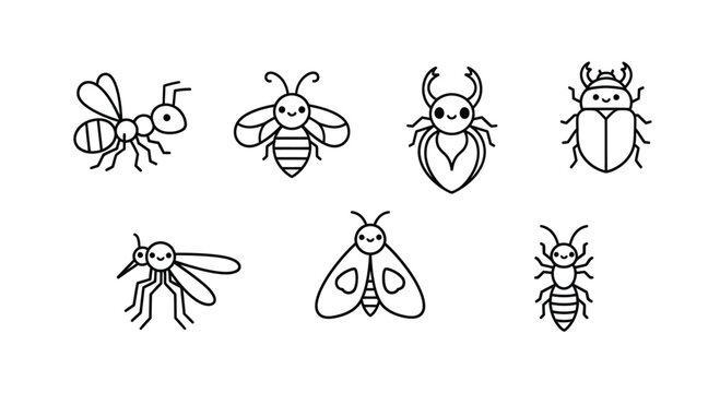 Insects including bees and beetles are flying or standing on a plain surface.