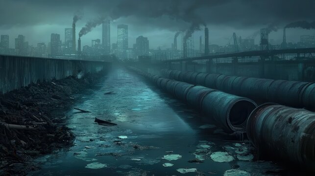 Industrial waste pipes discharging into a heavily polluted urban river with a grim cityscape and smoky factories in the background