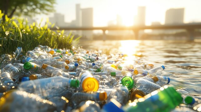 Piles of discarded plastic bottles littering a city park riverside under bright sunlight with urban buildings in the background