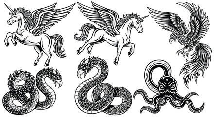 Fototapeta premium Mythical creatures including a winged horse, a bird, a snake, and an octopus are illustrated.