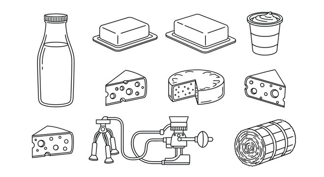 The illustration depicts various types of cheese and dairy products on display.