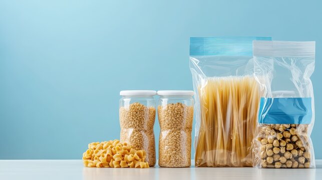 Pantry staples including pasta, grains, and dry goods stored in plastic packaging against a blue background