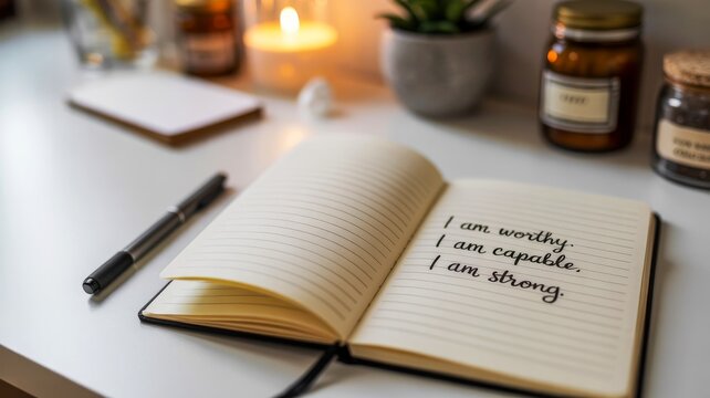 A serene workspace featuring an open notebook with affirmations, a pen, candles, and jars, promoting positivity and self-reflection.