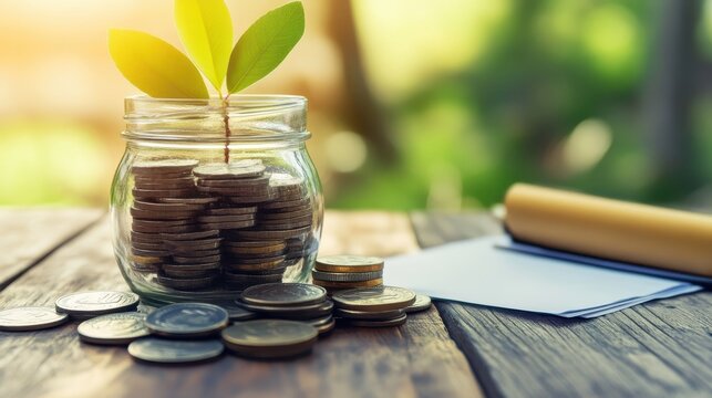 Plant growing from coins in a jar, representing financial growth and investment opportunities on a wooden table.
