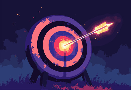 stylized 3D graphic archery target, but bullseye is glowing intense neon fire, single, glowing arrow has split target completely half Overdelivering concept High contrast