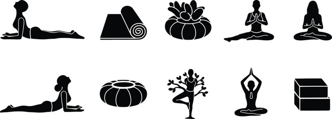 Silhouette icons set featuring various yoga poses and symbols