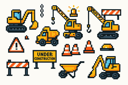 Pixel art construction vehicles and equipment set with warning signs and cones