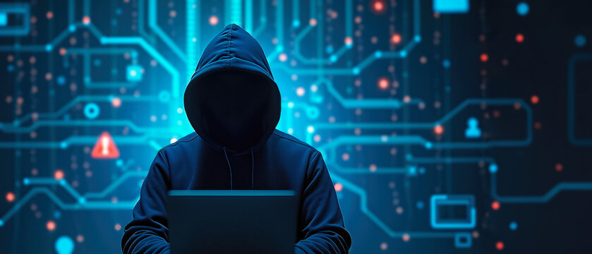 Figure in a dark hoodie uses a laptop, set against a background of glowing blue digital circuit lines and data. This imagery represents artificial intelligence, cyber security, banner