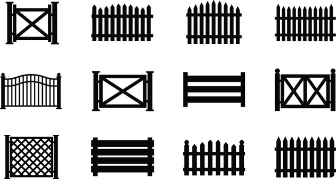 Collection of wooden fence and gate silhouettes including picket, crossbar and lattice designs isolated on white background for garden, yard and outdoor boundary concepts