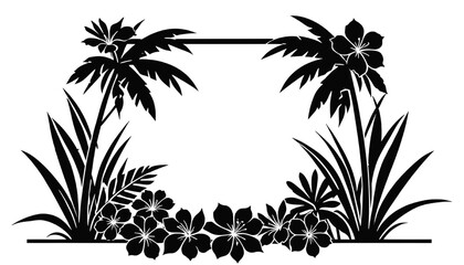 Tropical palm frame silhouette with floral border in black style, decorative island design perfect for invitations, cards, summer themes and vector illustration use. © Arun