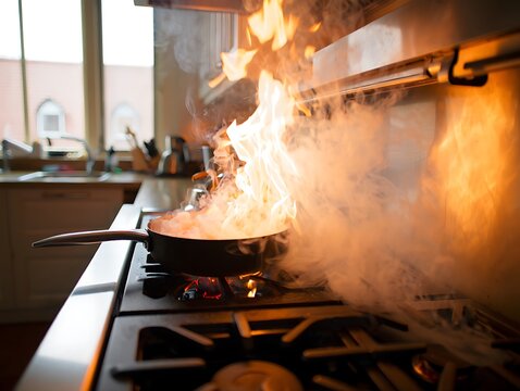 Kitchen fire with flames from stove producing thick smoke, showing dangerous residential accident, home damage, emergency situation, insurance concept, burnt interior, disaster risk scenario.