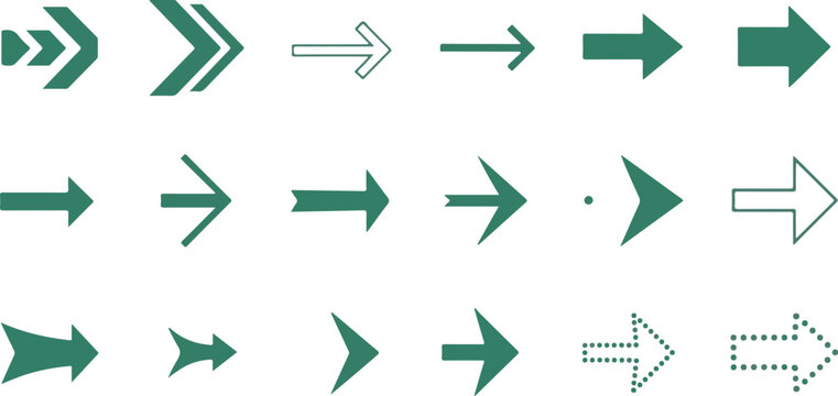 Collection of green geometric arrows with various shapes and styles on checkered background