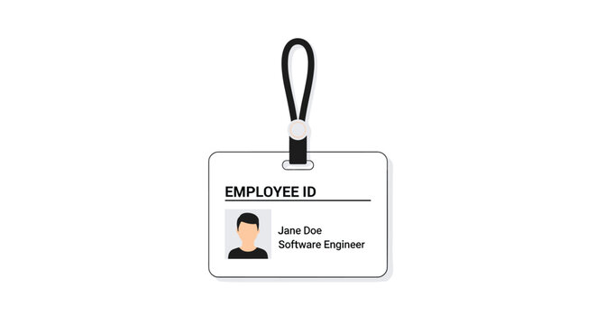 A white employee ID card with a black lanyard displays Jane Doe, Software Engineer on a white background.
