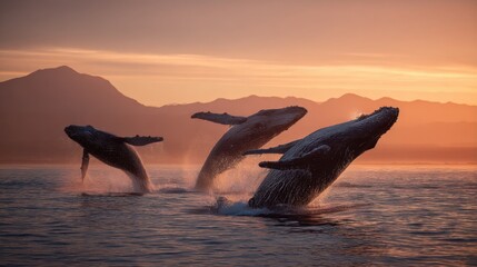 Fototapeta premium Humpback whales breaching at sunset near coastal mountains