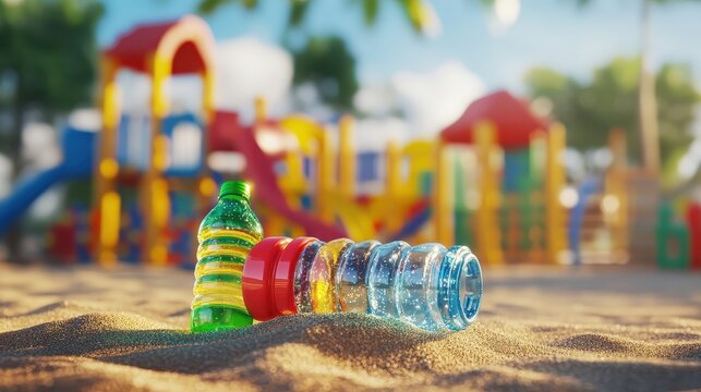 Plastic Bottles Littering a Vibrant Public Playground After a Holiday Weekend