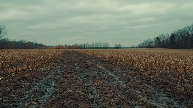 Muddy farm field with dead vegetation under an overcast sky, showing signs of chemical contamination