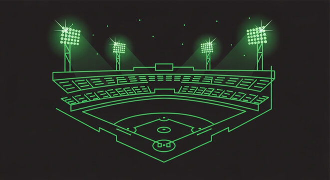 Green Line Art Baseball Field with Stadium Lights
