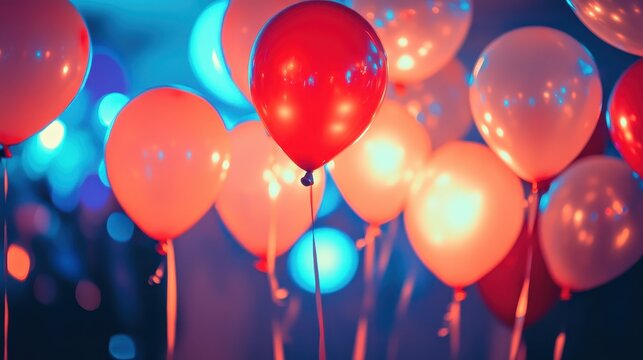 Vibrant illuminated balloons and festive decorations create a joyful atmosphere for a celebration indoors