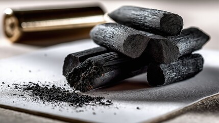 Fototapeta premium Close up of black charcoal sticks and scattered powder on a white surface. Stacked natural wood carbon pieces with rough texture. Art supplies or natural filtering ingredient