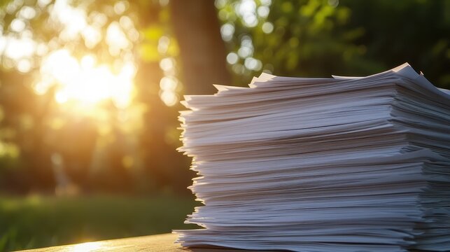Thick Stack of Paper Documents Bathed in Sunlight Outdoors