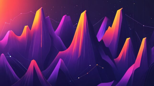 Digital mountain peaks with glowing orange and purple hues representing data flow and AI connections