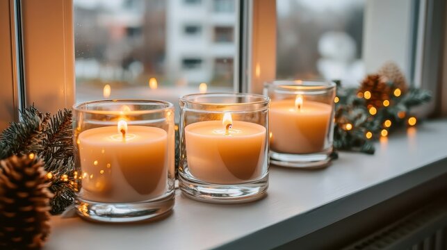 Three glowing candles casting a warm, cozy ambiance on a windowsill adorned with holiday decorations during the festive season.