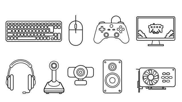 Flat vector icon set of computer gaming and tech equipment with keyboard mouse controller and headphones