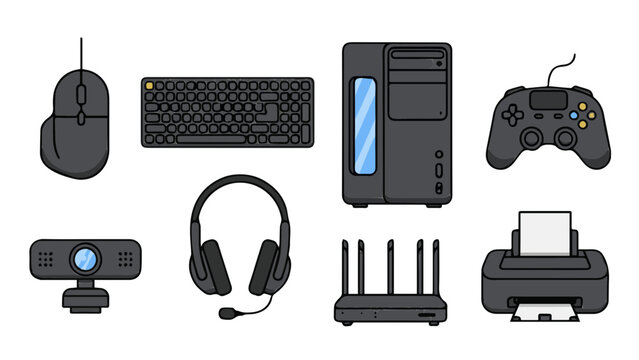 Flat vector icon set of computer hardware peripherals with mouse keyboard tower gamepad and printer