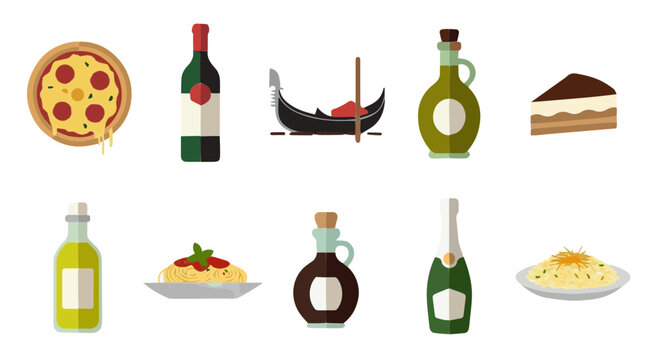 Flat vector icon set of Italian food and wine with pizza pasta oil bottle and spaghetti