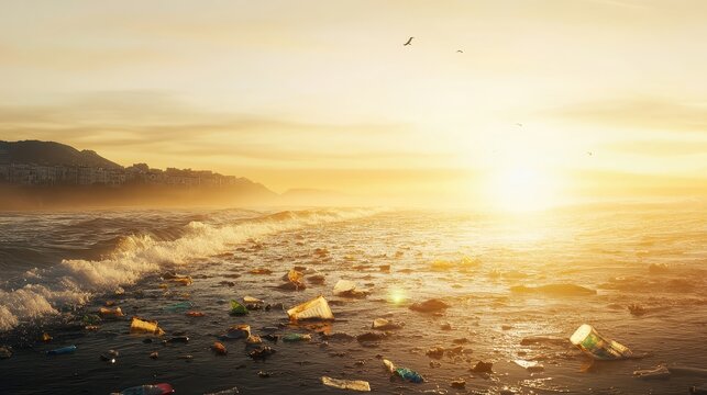 Plastic Pollution Marring a Coastal Town Beach at Sunset, Threatening Marine Life