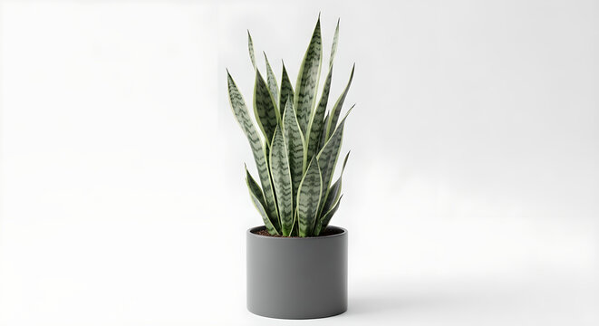 A vibrant snake plant in a dark gray pot against a white background