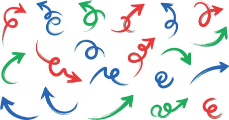 Fototapeta premium Set of colorful hand drawn spiral arrows with brush stroke texture on transparent background