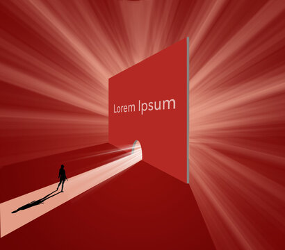 A person is attracted to a mysterious light source on the other side of a wall in this 3-d illustration.