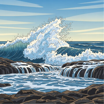 Crashing Ocean Wave on Rocky Coast.