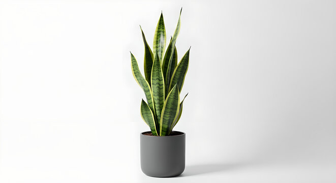 A vibrant snake plant in a dark gray pot against a white background