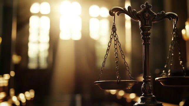 Symbol of Justice: Scales of Law Balanced in Sunlight, Representing Legal Judgment and Fairness
