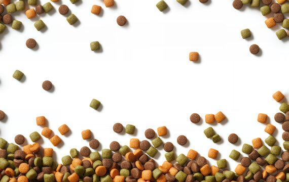 Scattered dog food kibbles on white background