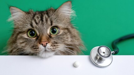 Adorable fluffy cat with stethoscope and tablet on green background