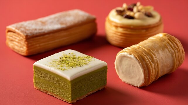 Assorted delicious pastries on red background including green tea cake eclair and danish pastry with nuts and powdered sugar