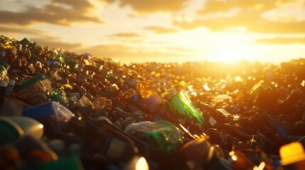 Sunlight illuminates a vast field of discarded glass bottles and recycled materials at a cleanup site