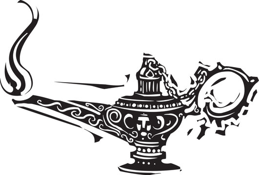 Woodcut expressionist style image of a Burning magic oil Lamp