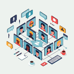 Isometric illustration of a virtual meeting with multiple participants connected through a network, featuring speech bubbles and office supplies. © Bunga