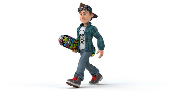 A cartoon boy walking with a skateboard in a casual outfit
