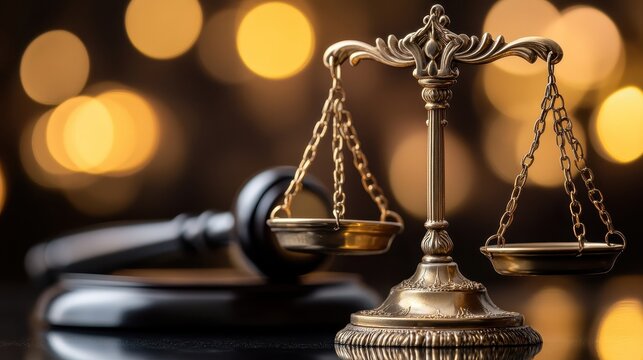 Symbolic Scales of Justice and Gavel in a Formal Courtroom Setting Representing Legal Review