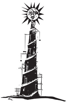 Woodcut expressionist style image of a tower of babel rising into the sky