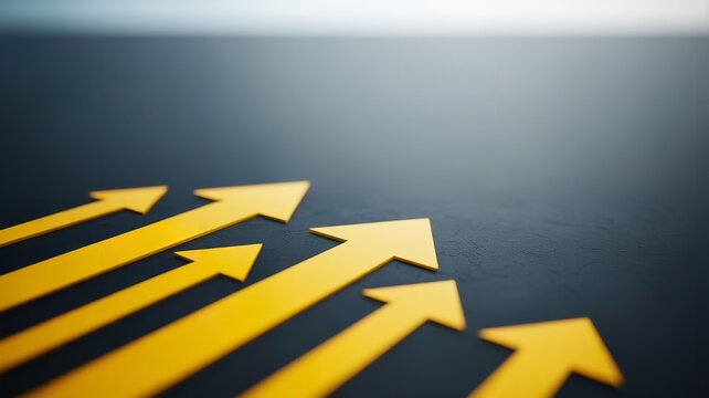 Golden arrows pointing upwards on dark background symbolizing growth and progress in business and finance with a sense of optimism and success