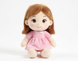 Fototapeta premium A cute plush doll with brown hair and a pink dress. The doll has a friendly expression and round cheeks, perfect for children's playtime or decoration.