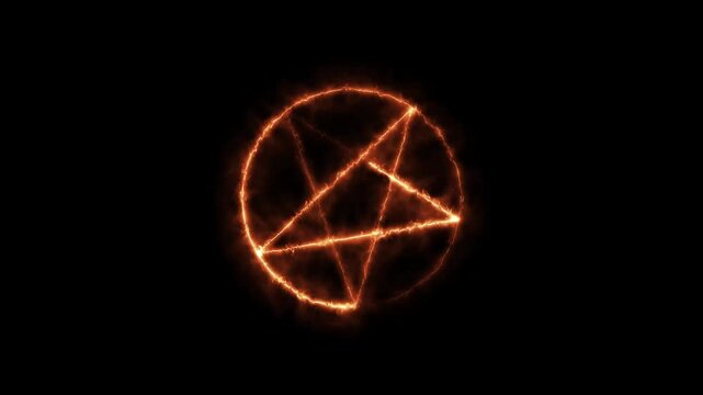 Mystical bright neon fire effect pentacle or inverted pentagram in circle on black background.HD video animation.