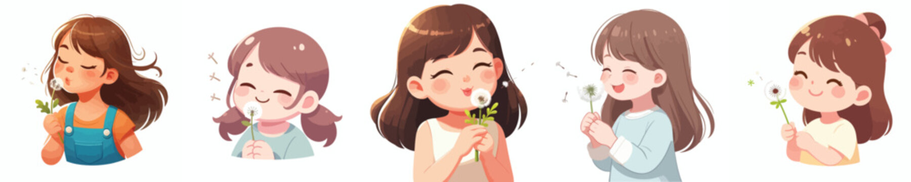half body vector of a little girl blowing a dandelion flower in spring